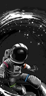 Astronaut surfing through cosmic waves on a black background in space-themed wallpaper.