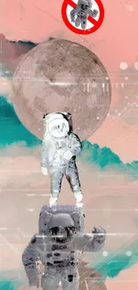 Surreal astronaut art with moon in the background, tech symbols over peach hues.