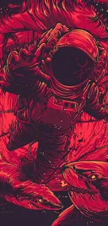 Astronaut among sharks in a surreal cosmic scene with vivid red hues.