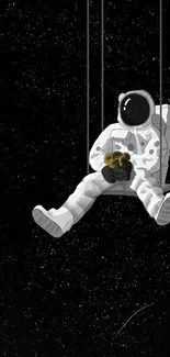 Astronaut swinging in a starry night sky, holding flowers.