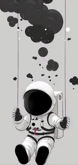 Astronaut on a swing with black clouds in a minimalistic style.