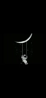 Astronaut swings on a crescent moon against black background.