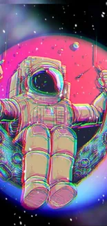 Astronaut swinging in space with a vibrant pink and blue cosmic background.