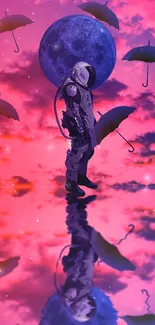 Fantasy mobile wallpaper featuring an astronaut with umbrellas against a pink and blue sky.