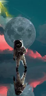 Astronaut standing under a moon in a colorful sky.