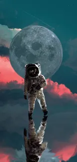 Astronaut standing under a full moon with vibrant clouds.