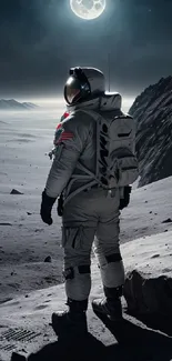 Astronaut standing on moonlit lunar surface with full moon in the sky.