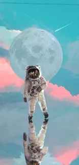 Astronaut standing under a full moon in a dreamy, surreal landscape.