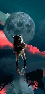 Astronaut stands beneath full moon with teal sky and vibrant clouds.