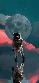 Astronaut standing in front of a large moon with vivid clouds and reflections.