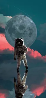 Astronaut standing under a full moon with vivid, colorful clouds.