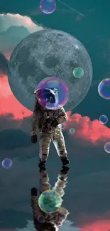 Astronaut with bubbles against a large moon backdrop.