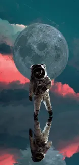 Astronaut in surreal moonlit landscape with reflection.