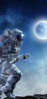 Astronaut walking on rocky surface under a bright moonlit sky.