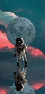 Astronaut stands beneath moonlit sky with vibrant clouds reflected in water.