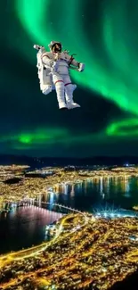 Astronaut floats beneath vibrant northern lights over illuminated cityscape.