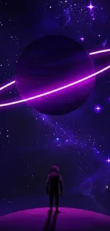 Astronaut standing under purple planet in space scene.