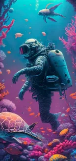 Astronaut explores vibrant underwater world with marine life.