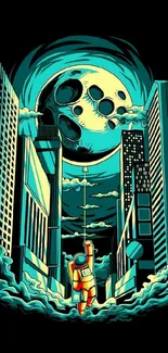 Astronaut in a city reaching for the moon wallpaper.