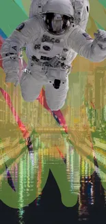 Astronaut floating over colorful urban landscape with abstract design.