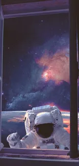 Astronaut peering through a window with a cosmic galaxy view in the background.