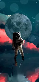 Astronaut walks among clouds under a full moon in a surreal artwork.