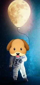 Astronaut with dog emoji head and moon balloon in cosmic scene.