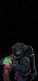 Astronaut with vibrant cosmic energy against a dark space background.