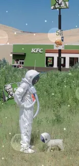 Astronaut and dog in green field with KFC backdrop.