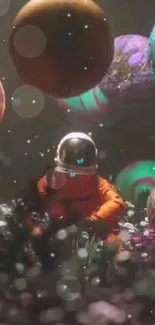 Astronaut in space with floating planets amidst colorful cosmic scenery.