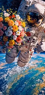 Astronaut with flowers in space above Earth.