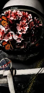 Astronaut helmet with pink flowers and butterflies in black background.