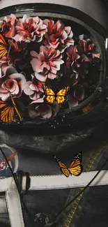 Astronaut helmet with flowers and butterflies, blending space and nature.