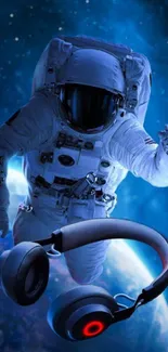 Astronaut with headphones in space with a blue galaxy background.