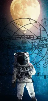 Astronaut with geometric design against a full moon, space-themed art.