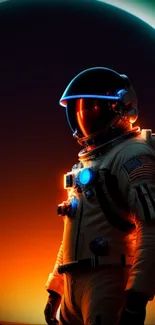 Astronaut in front of glowing orange eclipse, creating a cosmic feel.