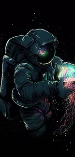 Astronaut with neon jellyfish in space, mobile wallpaper.