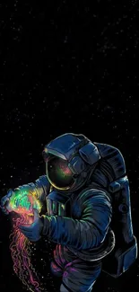 Astronaut holding a colorful, glowing jellyfish in space.