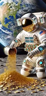 Astronaut on moon spilling coins with Earth behind.