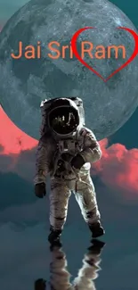 Astronaut in surreal space scene with moon and pink clouds.