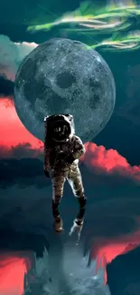 Astronaut depicted with vivid moon and surreal cloud background.