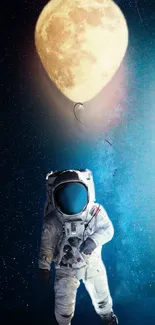 Astronaut floating with moon balloon in space.