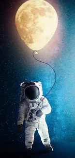 Astronaut holding a moon balloon in space.