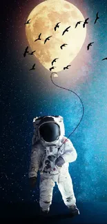 Astronaut holding a moon balloon in space.