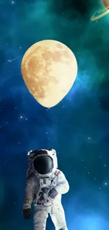 Astronaut holding a moon balloon in space with stars.