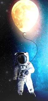 Astronaut holding a moon balloon over a starry blue background.