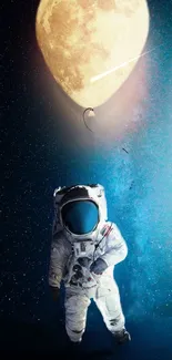 Astronaut floating in space with a lunar balloon, cosmic background.