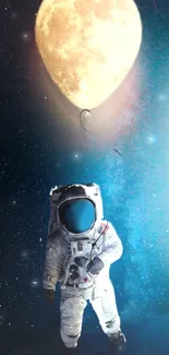 Astronaut floating in space with a glowing moon balloon.