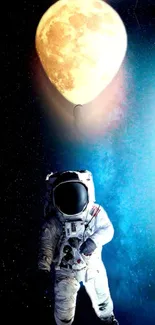 Astronaut floating with a moon-shaped balloon in space.