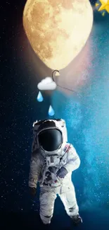 Astronaut with a moon-shaped balloon floating in a starry night sky.